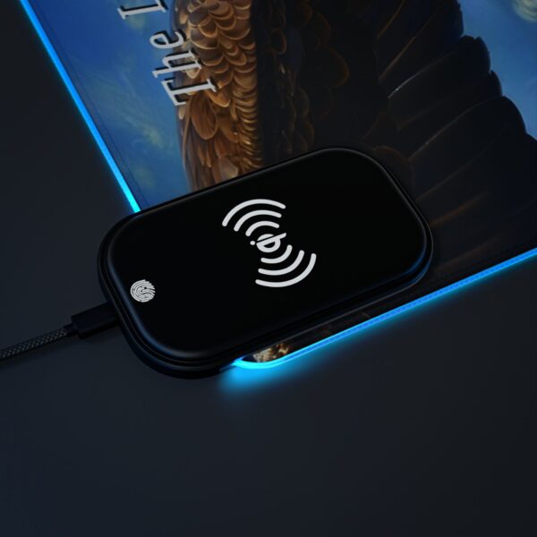 LED + Wireless Charger Gaming Mouse Pad with our inspirational 'Soaring Eagle' and Psalm 103:5 'your youth is renewed like the eagles' design. Backlit Charger Gaming Desk Accessory - Image 6