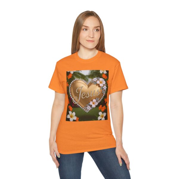 Our inspirational "Jesus" 'Diamond Ring-Solid Gold Heart' Design! on a Christian Unisex Cotton T-Shirt, Faith Spiritual Apparel, Love Gift - Image 3