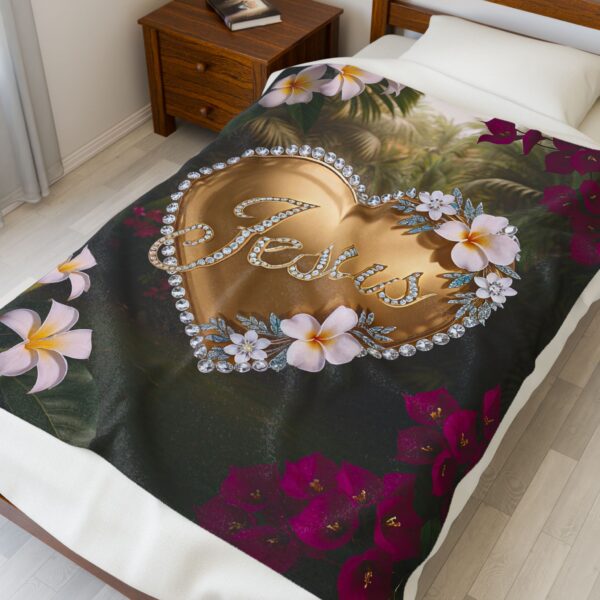 Our inspirational "Jesus" 'Solid Gold Heart' Design Velveteen Plush Throw Blanket Design! A Cozy Gift for Anniversary, Wedding Faith Home Decor Bedding - Image 7