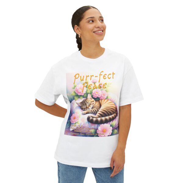 Our "Purr-fect Peace" Boxy T-Shirt with a cat in blissful sleep featuring the verse Isaiah 26:3! Inspirational Christian Faith Apparel Unisex Cotton Tee, Oversized Boxy Top T-shirt - Image 4