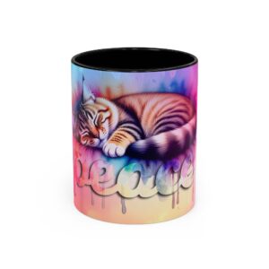 Our inspirational "Peace" 'Colorful sleeping cat' Ceramic Accent Coffee Mug Design is Perfect for Wedding Gifts, Inspirational Decor