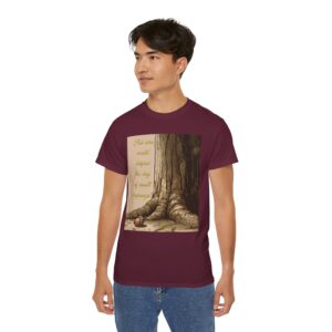 Cotton T-shirt with our inspirational 'Day of Small Beginnings' with thoughtful quote from Zech 4:10 and Acorn-Oak Tree design. Vintage Christian Faith Apparel Unisex Cotton T-Shirt