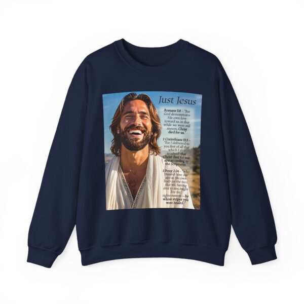 Crewneck Sweatshirt with our inspirational "Just Jesus" and Verses on Salvation Design! Vintage Inspired Faith Apparel, Gospel Fashion Unisex Heavy - Image 17