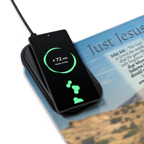 LED + Wireless Charger Gaming Mouse Pad with our inspirational "Just Jesus" and Verses on Salvation Design, Gaming Desk Accessory, Tech Gift, Home Office Gamer Essentials - Image 3