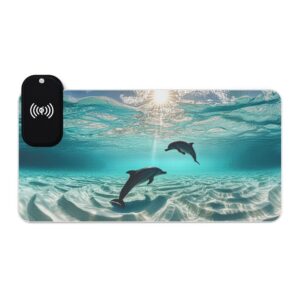 LED + Wireless Charger Gaming Mouse Pad with 'Dolphins at Rest' Design, Gaming Desk Accessory, Tech Gift, Home Office Gamer Essentials