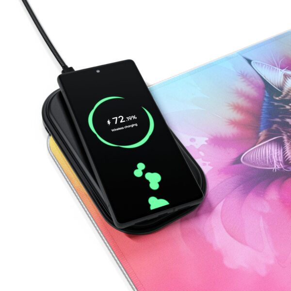 LED + Wireless Charger Gaming Mouse Pad with "Peace" 'colorful sleeping cat' Design, Gaming Desk Accessory, Tech Gift, Home Office Gamer Essentials - Image 3