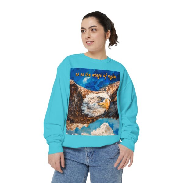 Our "as on the wings of eagles" Sweatshirt with a majestic eagle in flight. Vintage Christian Faith Apparel, Thoughtful Quote from Isaiah 40:31! Unisex Jumper, Pullover - Image 18