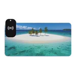 LED + wireless Charging Mouse Pad, Desk Mat, "Five Palm Island" Design, Tech Gift, Home Office Essentials Inspirational