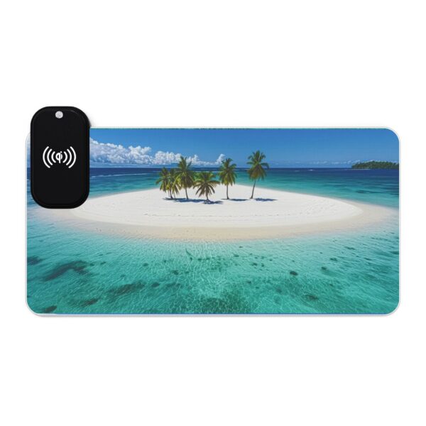 LED + wireless Charging Mouse Pad, Desk Mat, "Five Palm Island" Design, Tech Gift, Home Office Essentials Inspirational
