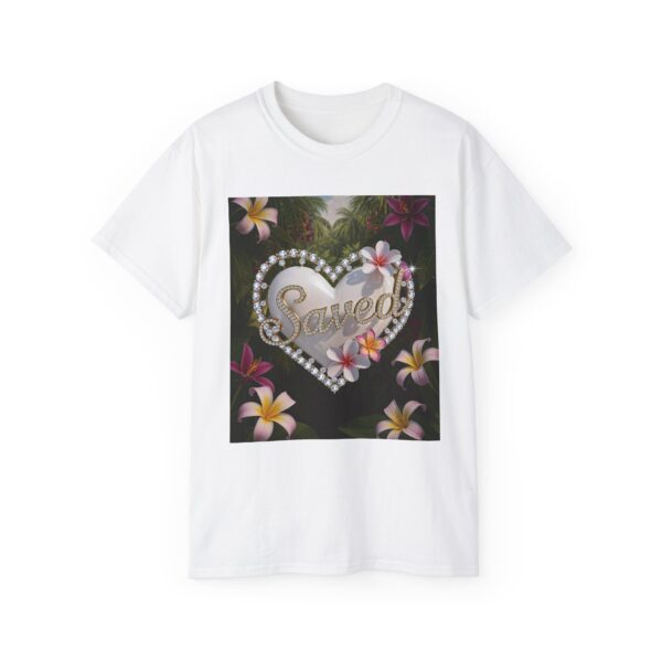 Our inspirational "Saved" 'Pure White Heart' Design! on a Christian Unisex Cotton T-Shirt, Faith Spiritual Apparel, Love Gift - Image 7