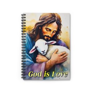 Our "God is love" series with Jesus hugging a baby lamb! Journal Spiral Notebook - Ruled Line, Perfect as a Gift or for Prayer Journaling