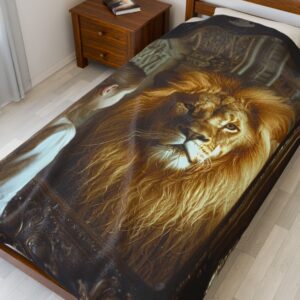 Our beautiful 'Lion in the Mirror' Inspirational throw blanket design. Velveteen Plush Blanket - A Cozy Gift for Home Decor, Bedding