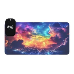 LED + Wireless Charger Gaming Mouse Pad with 'Cosmic Clouds' Design, Gaming Desk Accessory, Tech Gift, Home Office Gamer Essentials