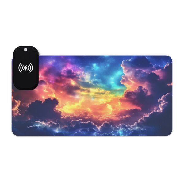 LED + Wireless Charger Gaming Mouse Pad with 'Cosmic Clouds' Design, Gaming Desk Accessory, Tech Gift, Home Office Gamer Essentials