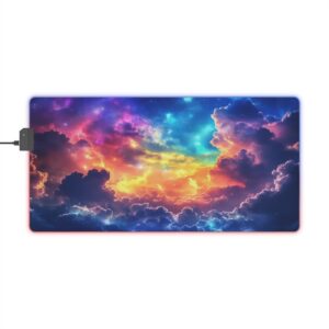 RGB LED Backlit Desk Mat, Colorful Gaming Mouse Pad with 'Cosmic Clouds' Heavenly Design, Gamer Gift, Home Office Accessories Computer Decor