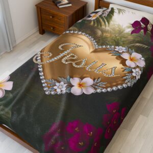 Our inspirational "Jesus" 'Solid Gold Heart' Design Velveteen Plush Throw Blanket Design! A Cozy Gift for Anniversary, Wedding Faith Home Decor Bedding