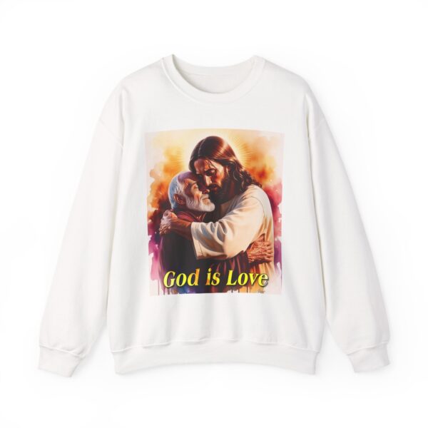 Crewneck Sweatshirt with our "God is Love" series with Jesus hugging papa! Inspirational Biblical Vintage Inspired Gift - Image 3