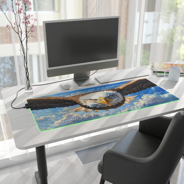 RGB LED Gaming Mouse Pad Desk Mat with our inspirational 'Soaring Eagle' and Psalm 103:5 'your youth is renewed like the eagles' design. Gamer Home Office Decor, LED Backlit - Image 9