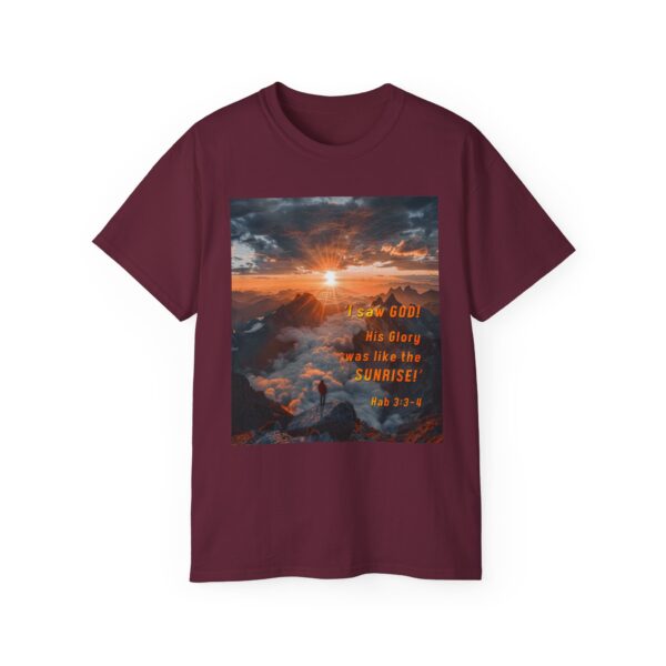 Cotton T-shirt with our inspirational "His splendor was like the sunrise" design with a quote from Habakkuk 3:3-4. Vintage Christian Faith Apparel Unisex Cotton T-Shirt, Thoughtful Quote - Image 2