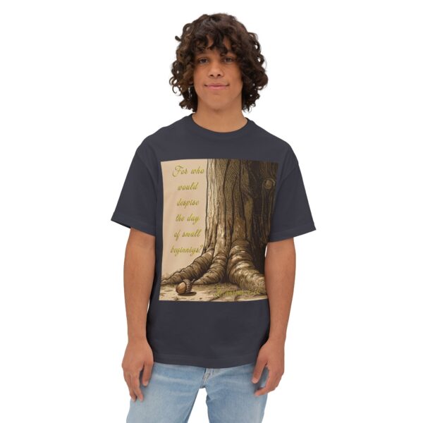 Our inspirational 'Day of Small Beginnings' with thoughtful quote from Zech 4:10 and Acorn-Oak Tree design Boxy T-Shirt, Inspirational Christian Faith Apparel Unisex Cotton Tee, Oversized Boxy Tshirt - Image 8