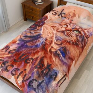 Our "Ask ...and ye shall receive" Matt 7:7 featuring a Maine Coon Cat asking for a treat! Inspirational Velveteen Plush Throw Blanket. Cozy Faith Home Decor Bedding