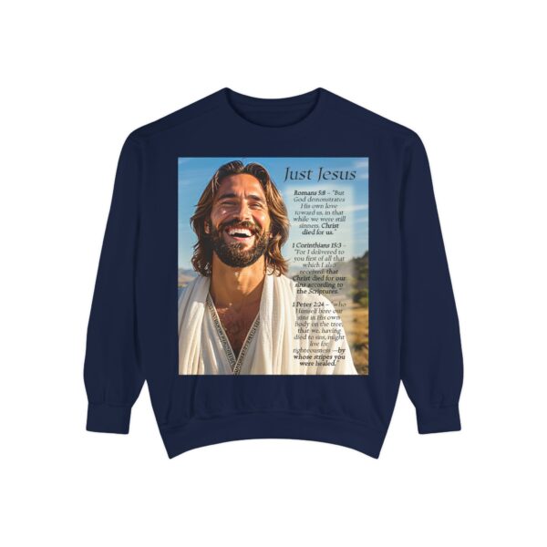 Sweatshirt Unisex with our inspirational "Just Jesus" and Verses on Salvation Design! Faith Apparel Gospel Fashion Jumper, Pullover - Image 36