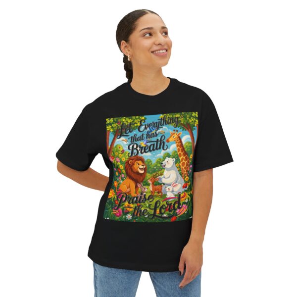 Our inspirational "Let Everything that has Breath Praise the Lord!" Design on a Unisex Oversized Box Tshirt, Religious Graphic Top, Bible Verse Apparel - Image 6