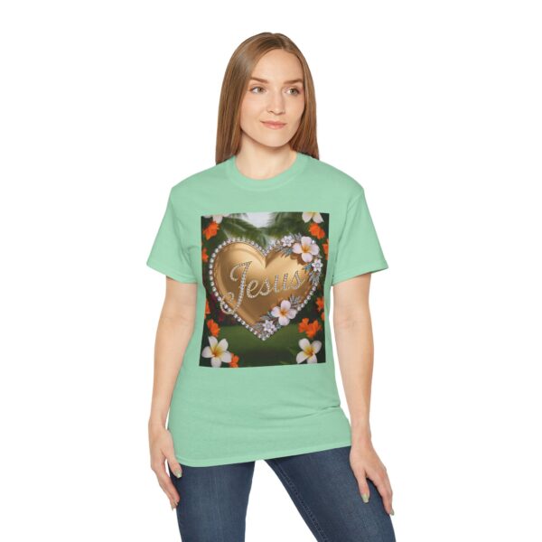 Our inspirational "Jesus" 'Diamond Ring-Solid Gold Heart' Design! on a Christian Unisex Cotton T-Shirt, Faith Spiritual Apparel, Love Gift - Image 16