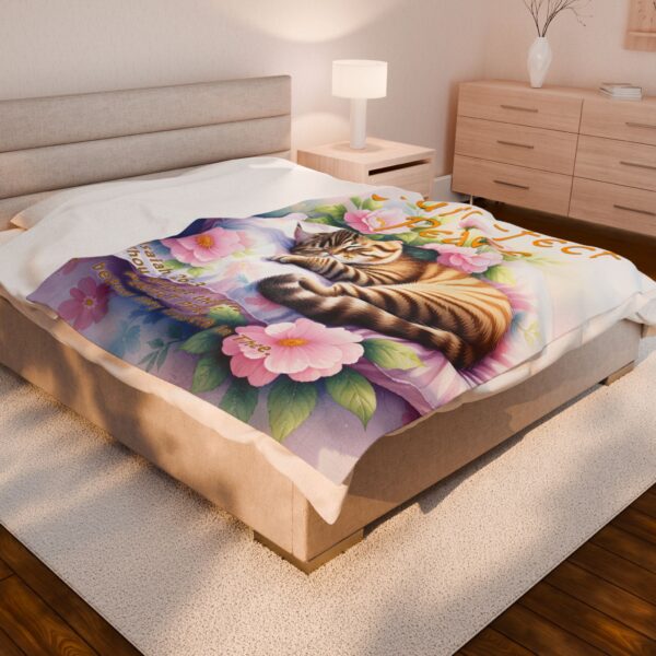 Our Beautiful "Purr-fect Peace" with a cat in blissful sleep design featuring the verse Isaiah 26:3! Inspirational Velveteen Plush Throw Blanket Faith Home Decor Bedding - Image 4