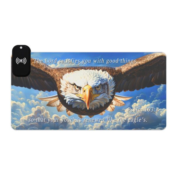 LED + Wireless Charger Gaming Mouse Pad with our inspirational 'Soaring Eagle' and Psalm 103:5 'your youth is renewed like the eagles' design. Backlit Charger Gaming Desk Accessory - Image 7