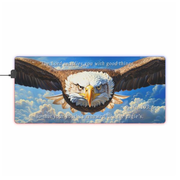 RGB LED Gaming Mouse Pad Desk Mat with our inspirational 'Soaring Eagle' and Psalm 103:5 'your youth is renewed like the eagles' design. Gamer Home Office Decor, LED Backlit - Image 7