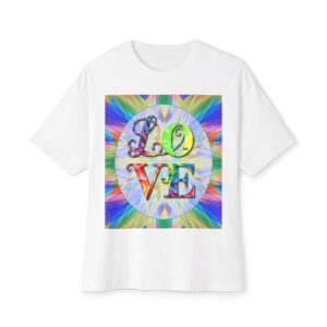 Our "Love" 'kaleidoscope' design on a Unisex Tee, Inspirational Oversized Box Tshirt, Religious Graphic Top, Travel Bible Verse Apparel