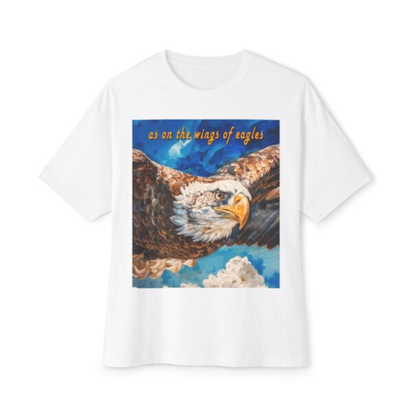 Our "as on the wings of eagles" Boxy T-Shirt with a majestic eagle in flight, Isaiah 40:31, Inspirational Christian Faith Apparel Unisex Cotton Tee, Oversized Boxy Top T-shirt - Image 3