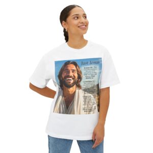 Our inspirational "Just Jesus" and Verses on Salvation Design on a Unisex Oversized Box Tshirt, Religious Graphic Top, Bible Verse Apparel