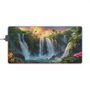 RGB LED Backlit Desk Mat, Colorful Gaming Mouse Pad with Inspirational 'Philippine Waterfall ' Design, Gamer Home Office Computer Decor