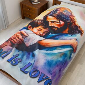 Our "God is Love" series with Jesus hugging a little boy! Inspirational Velveteen Plush Throw Blanket. Cozy Faith Home Decor Bedding