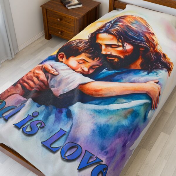 Our "God is Love" series with Jesus hugging a little boy! Inspirational Velveteen Plush Throw Blanket. Cozy Faith Home Decor Bedding