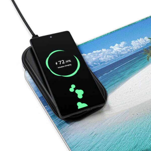 LED + wireless Charging Mouse Pad, Desk Mat, "Five Palm Island" Design, Tech Gift, Home Office Essentials Inspirational - Image 3