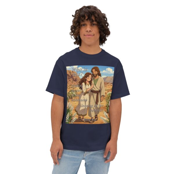 Our inspirational "Who is this?" from Song of Solomon 8:5, ANIME style design Boxy T-Shirt, Inspirational Christian Faith Apparel Unisex Cotton Tee, Oversized Boxy Top T-shirt - Image 11