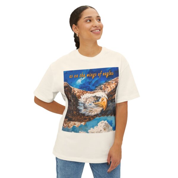 Our "as on the wings of eagles" Boxy T-Shirt with a majestic eagle in flight, Isaiah 40:31, Inspirational Christian Faith Apparel Unisex Cotton Tee, Oversized Boxy Top T-shirt - Image 5
