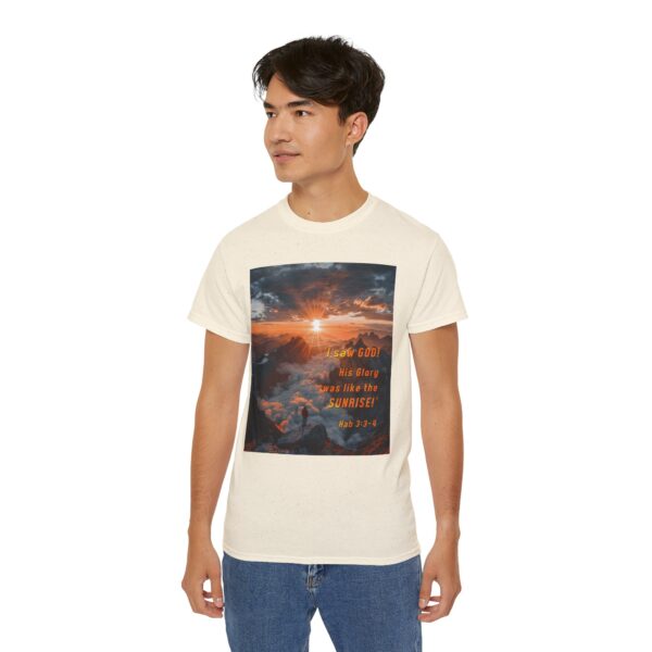 Cotton T-shirt with our inspirational "His splendor was like the sunrise" design with a quote from Habakkuk 3:3-4. Vintage Christian Faith Apparel Unisex Cotton T-Shirt, Thoughtful Quote - Image 12