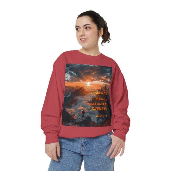Sweatshirt Unisex our inspirational "His splendor was like the sunrise" design with a quote from Habakkuk 3:3-4! Faith Apparel Gospel Fashion Jumper, Pullover - Image 7