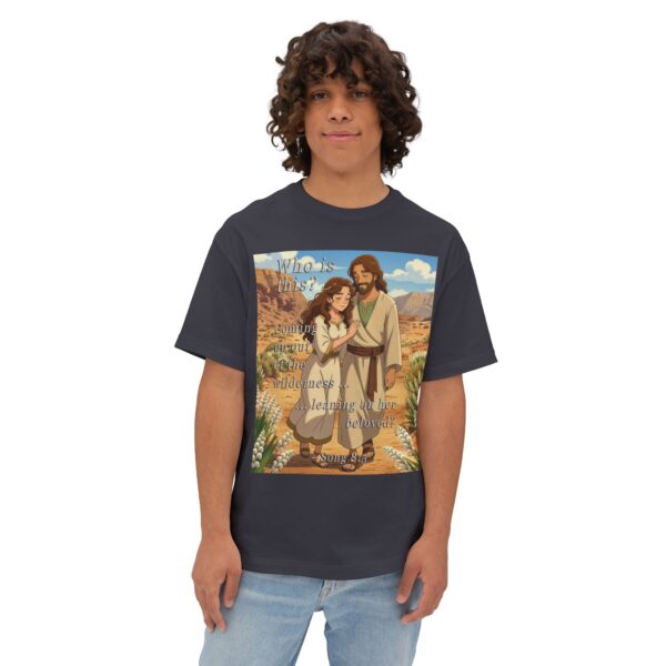 Our inspirational "Who is this?" from Song of Solomon 8:5, ANIME style design Boxy T-Shirt, Inspirational Christian Faith Apparel Unisex Cotton Tee, Oversized Boxy Top T-shirt - Image 8