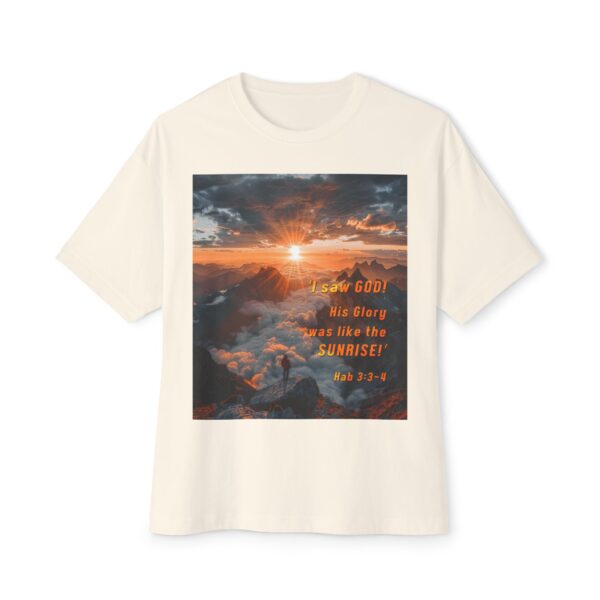 Boxy Oversized T-shirt with our inspirational "His splendor was like the sunrise" design with a quote from Habakkuk 3:3-4. Christian Faith Apparel Unisex Cotton Tee, Oversized Boxy Tshirt - Image 6