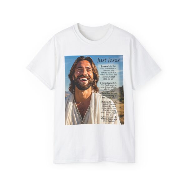 Our inspirational "Just Jesus" and Verses on Salvation Design on a Christian Unisex Cotton T-Shirt, Faith Spiritual Apparel, Love Gift - Image 3
