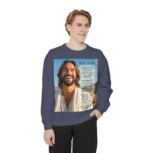 Sweatshirt Unisex with our inspirational "Just Jesus" and Verses on Salvation Design! Faith Apparel Gospel Fashion Jumper, Pullover - Image 35
