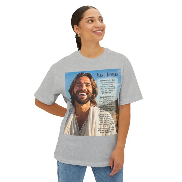 Our inspirational "Just Jesus" and Verses on Salvation Design on a Unisex Oversized Box Tshirt, Religious Graphic Top, Bible Verse Apparel - Image 16