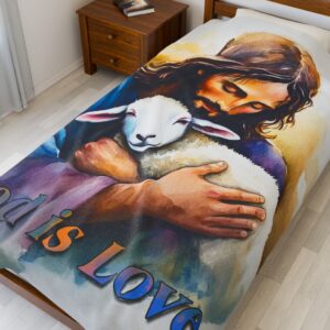 Our "God is Love" series Throw Blanket with an image of Jesus hugging a Baby Lamb! Inspirational Velveteen Plush Throw Blanket, Cozy Gift, Faith Home Decor Bedding