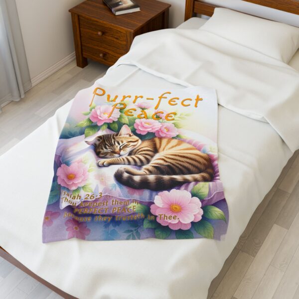 Our Beautiful "Purr-fect Peace" with a cat in blissful sleep design featuring the verse Isaiah 26:3! Inspirational Velveteen Plush Throw Blanket Faith Home Decor Bedding - Image 7