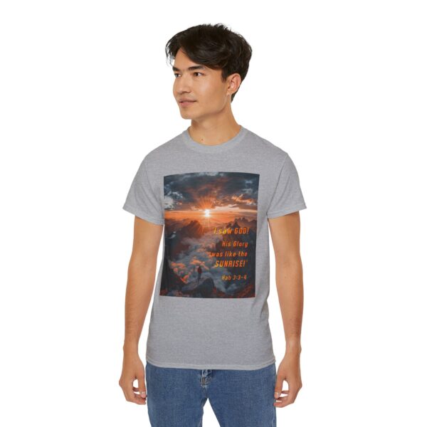 Cotton T-shirt with our inspirational "His splendor was like the sunrise" design with a quote from Habakkuk 3:3-4. Vintage Christian Faith Apparel Unisex Cotton T-Shirt, Thoughtful Quote - Image 8
